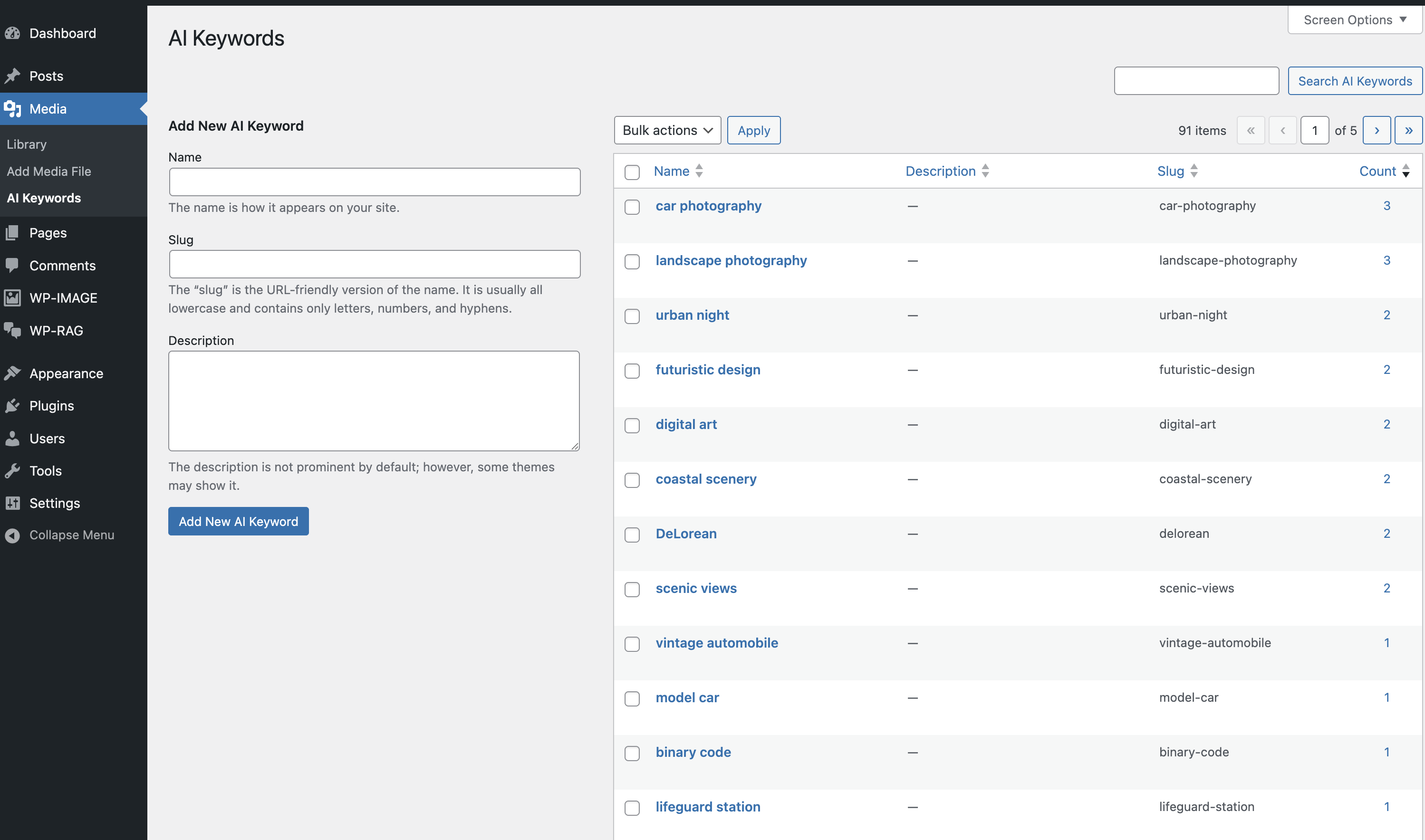 WP-Image AI Keywords management interface